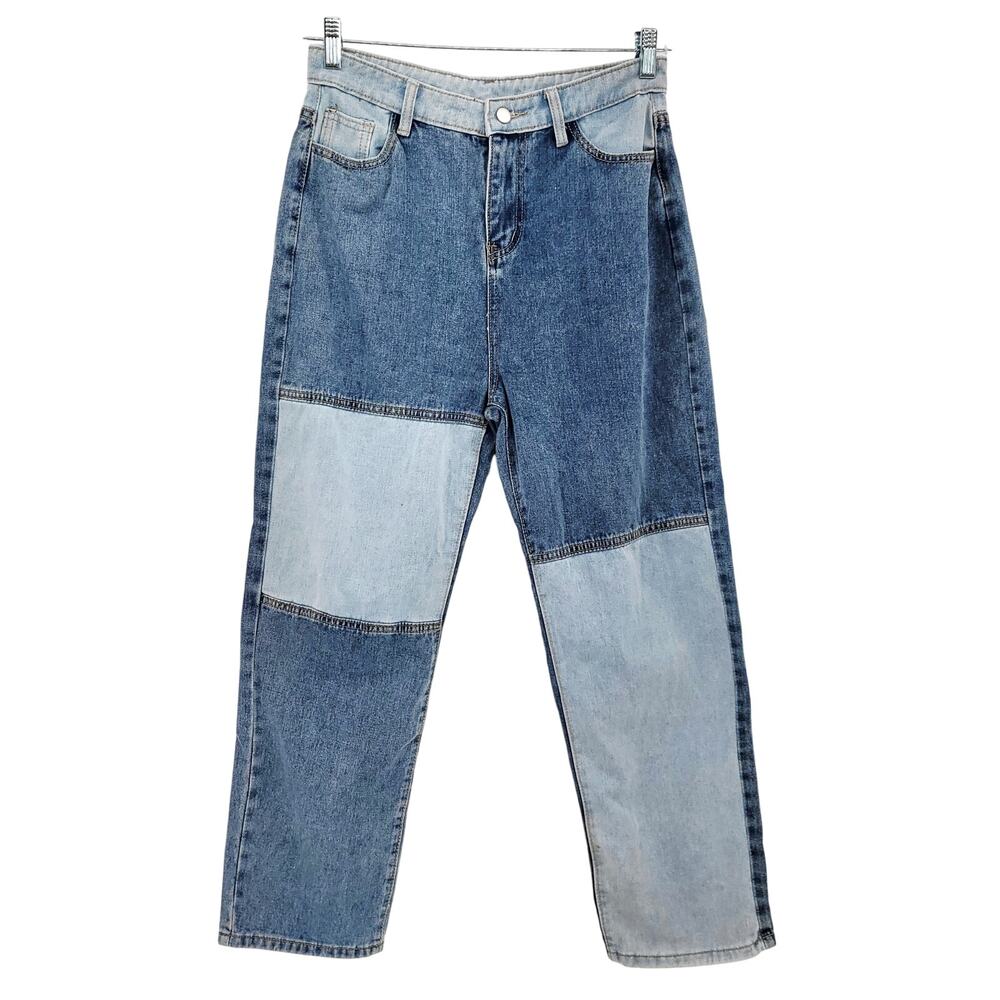 Patchwork Blue Colorblock Denim Jeans High Rise Mom Jeans Women's Size L